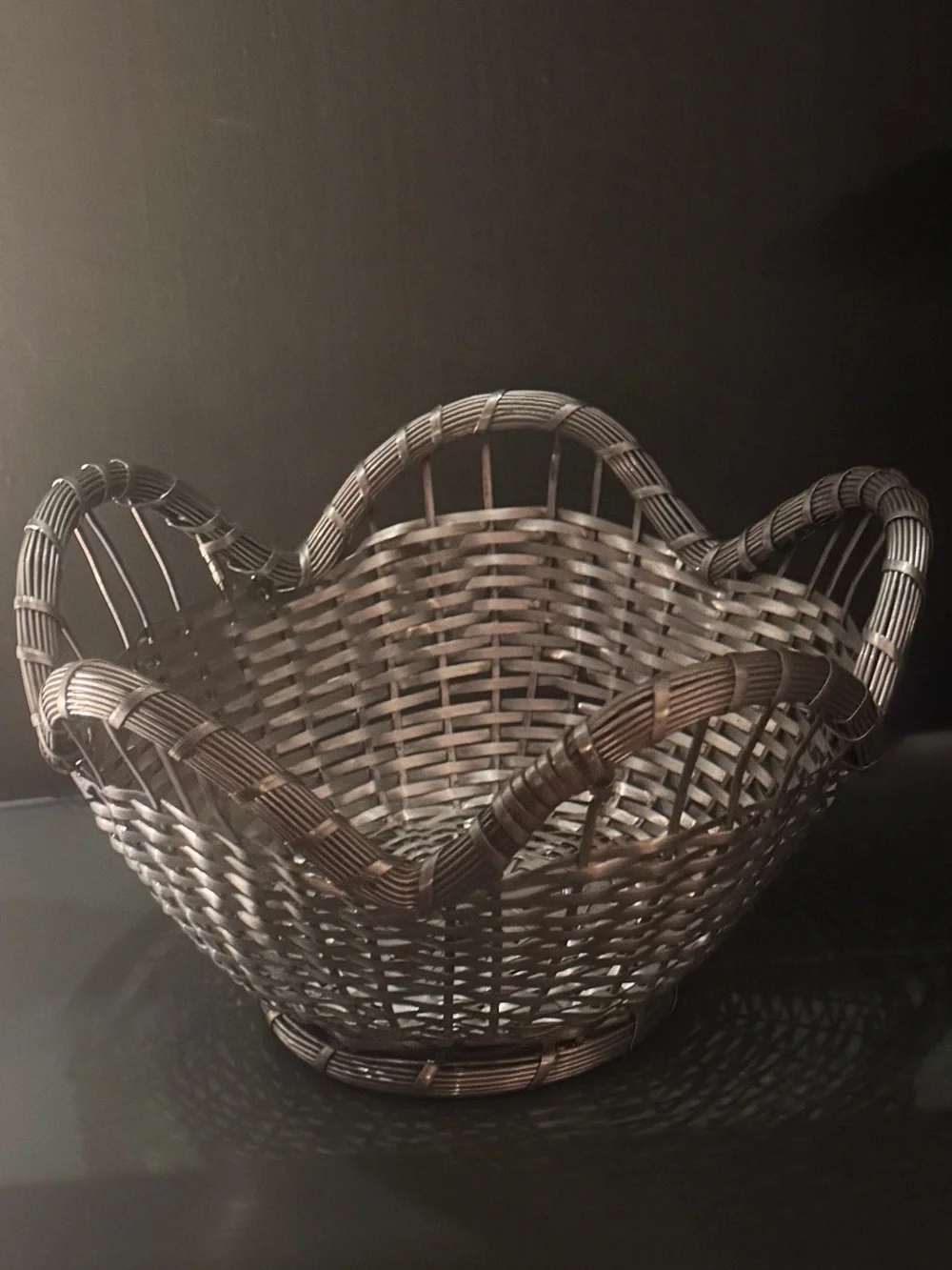 Vintage French Scalloped Silver Tone Woven Metal Basket Decorative Centerpiece
